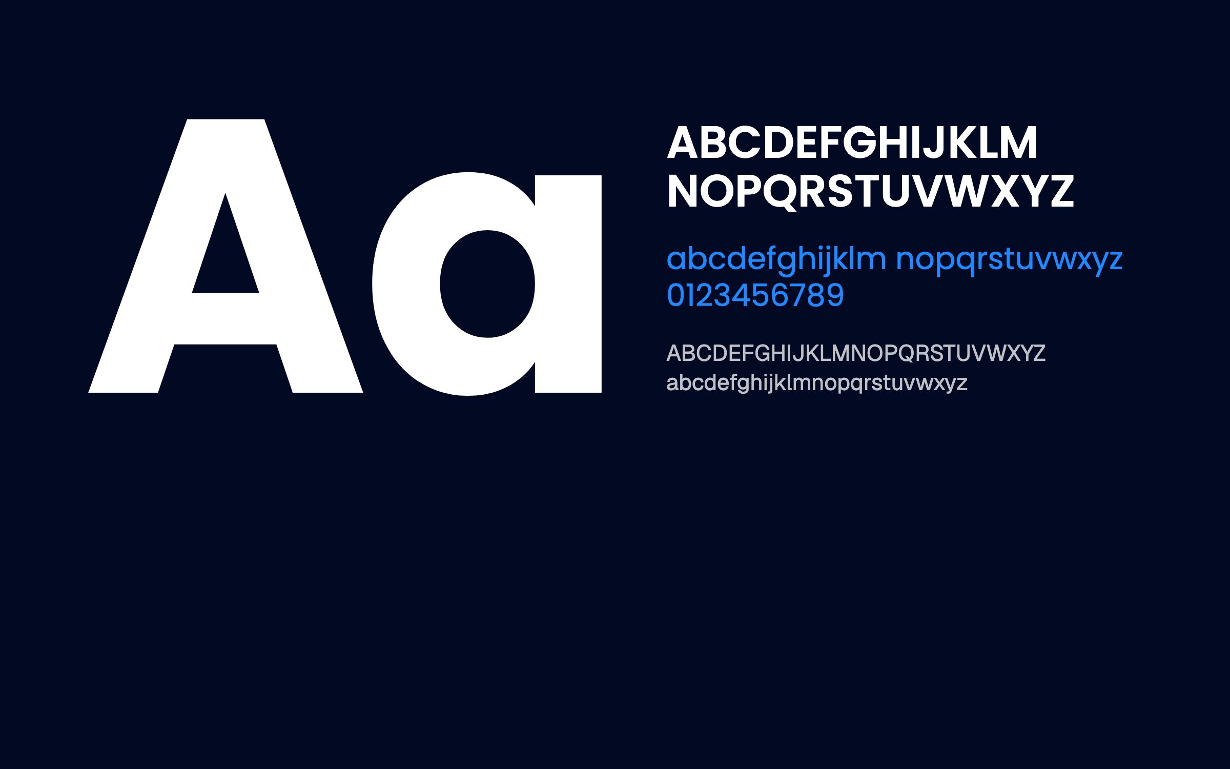 Type sheet: Poppins for the website and Geist for interface text, set on navy