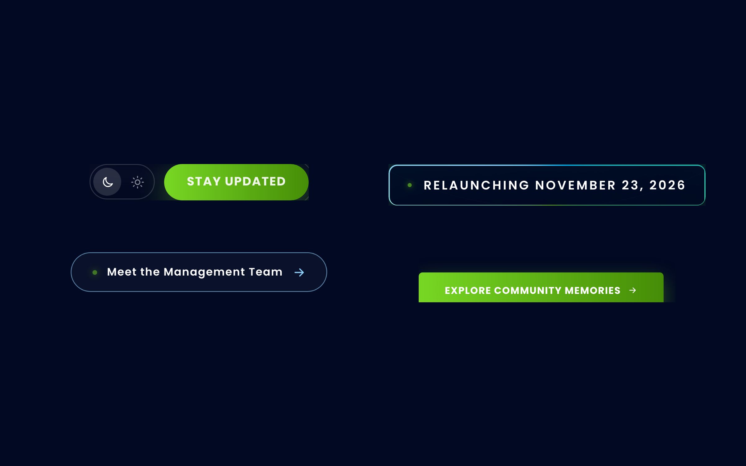 Buttons, the relaunch pill and the theme switch from the live site
