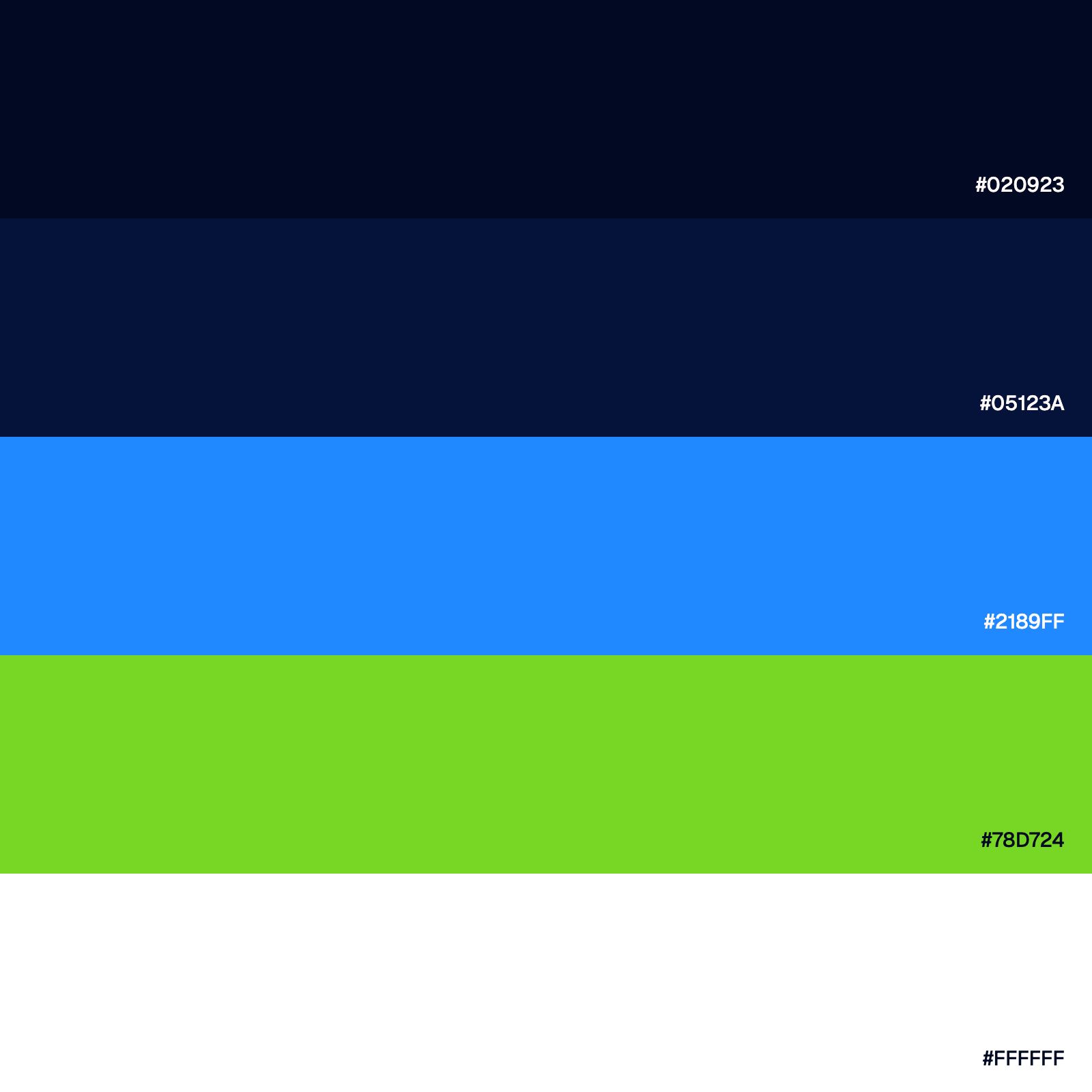 The colour palette: space navy, deep navy, signal blue, profit green and white