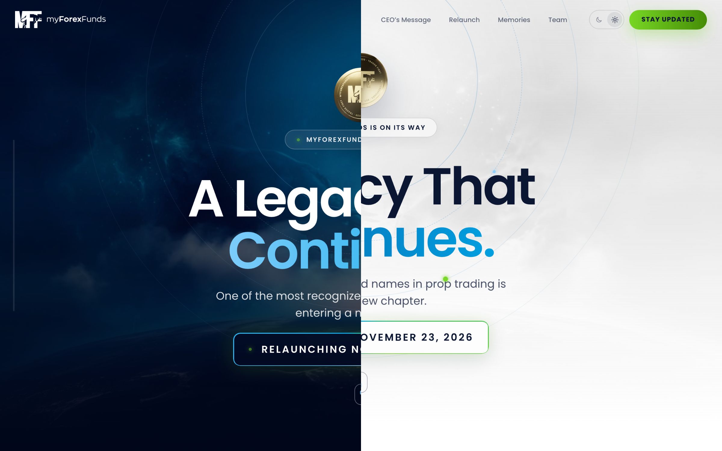 The homepage hero split down the middle, dark theme on the left and light theme on the right