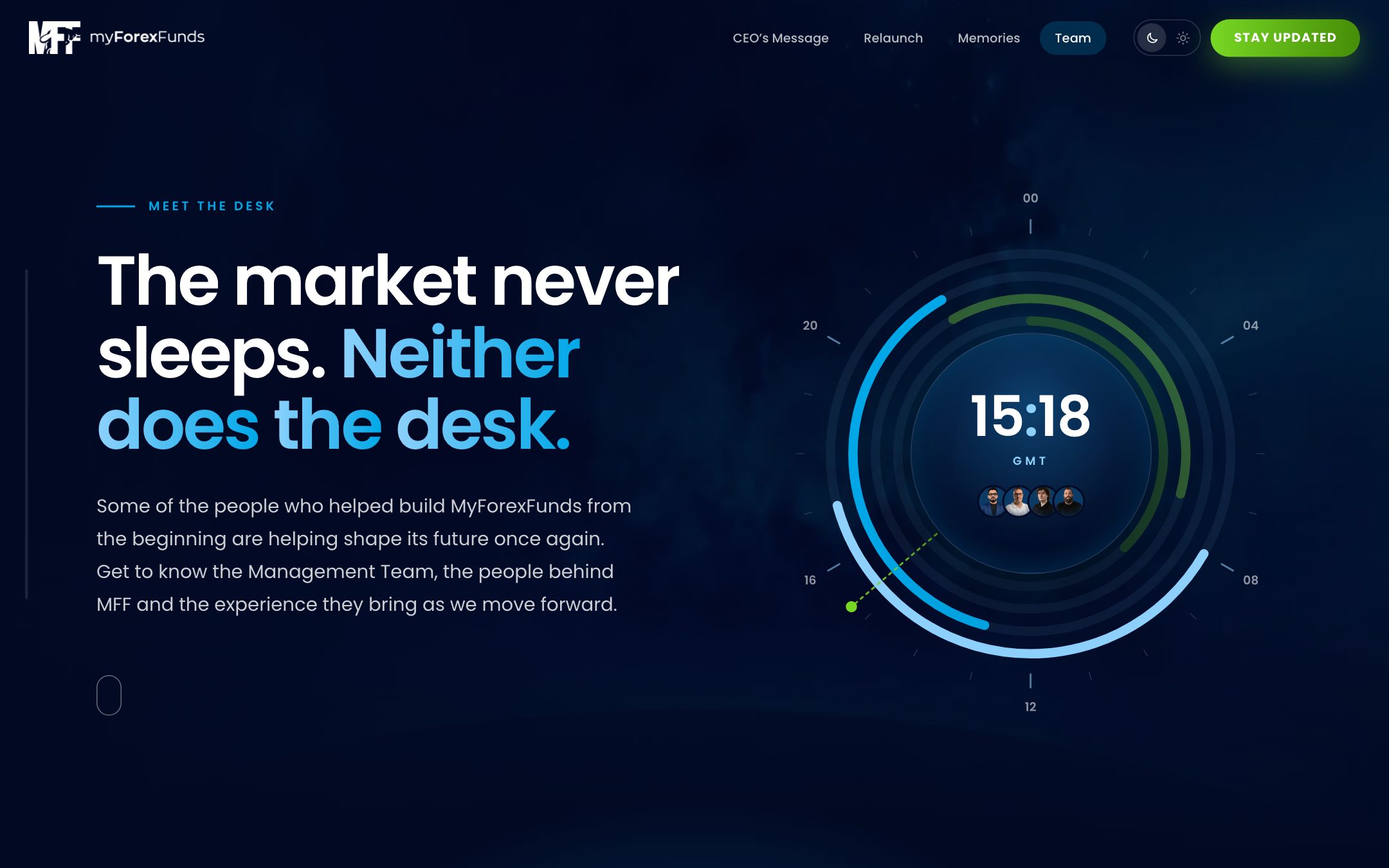The team page hero with the session dial in the dark theme