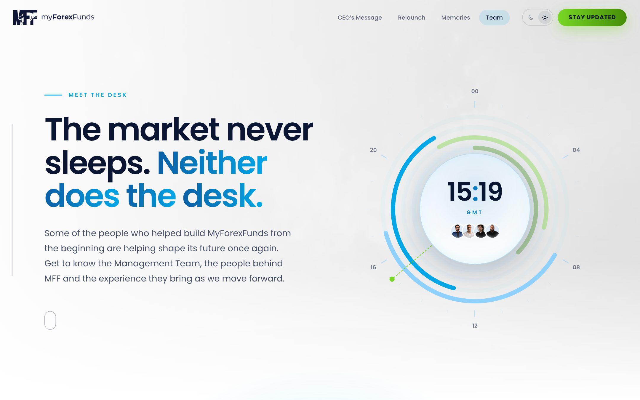 The team page hero with the session dial in the light theme
