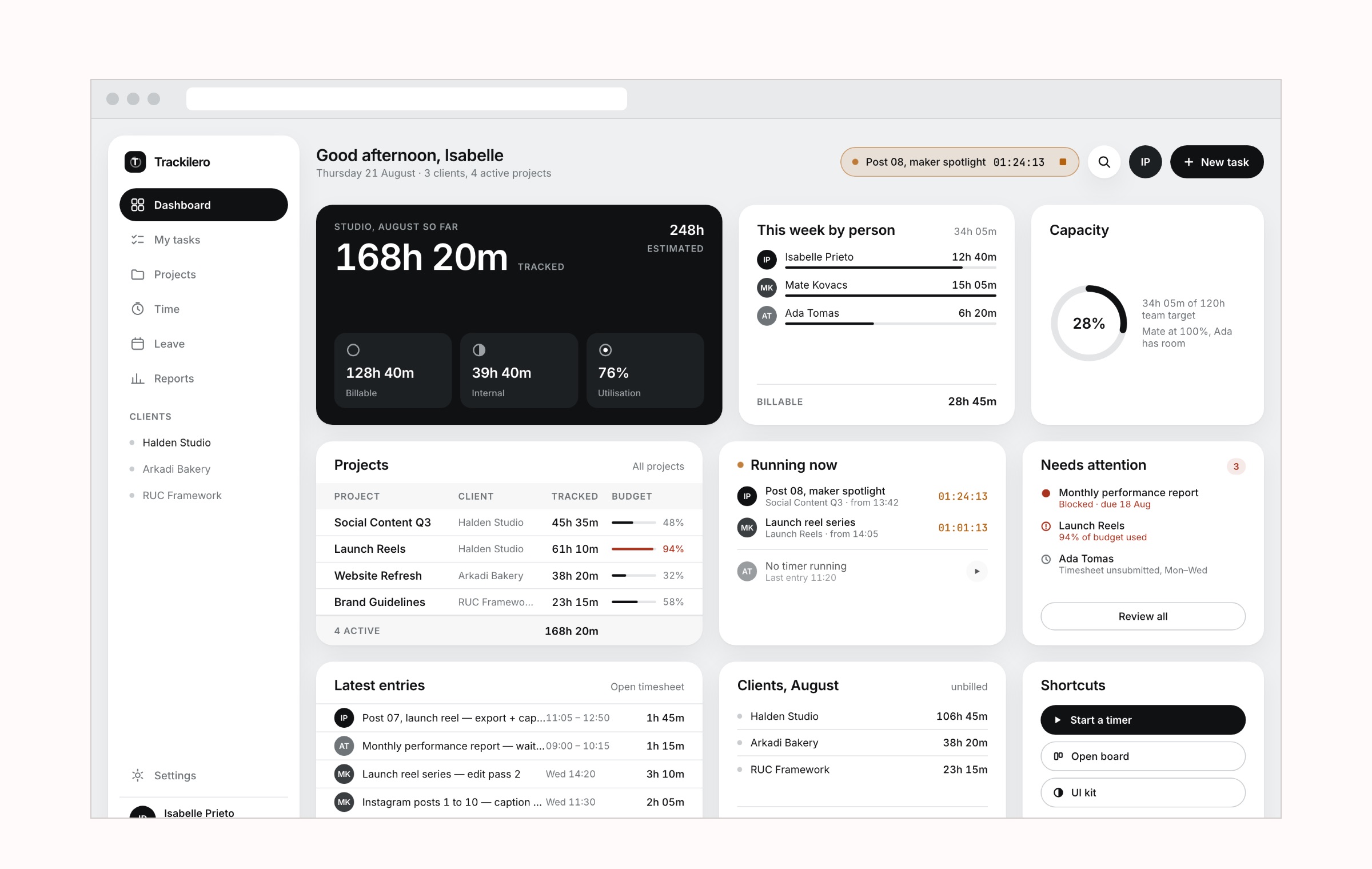 Trackilero dashboard in a browser window