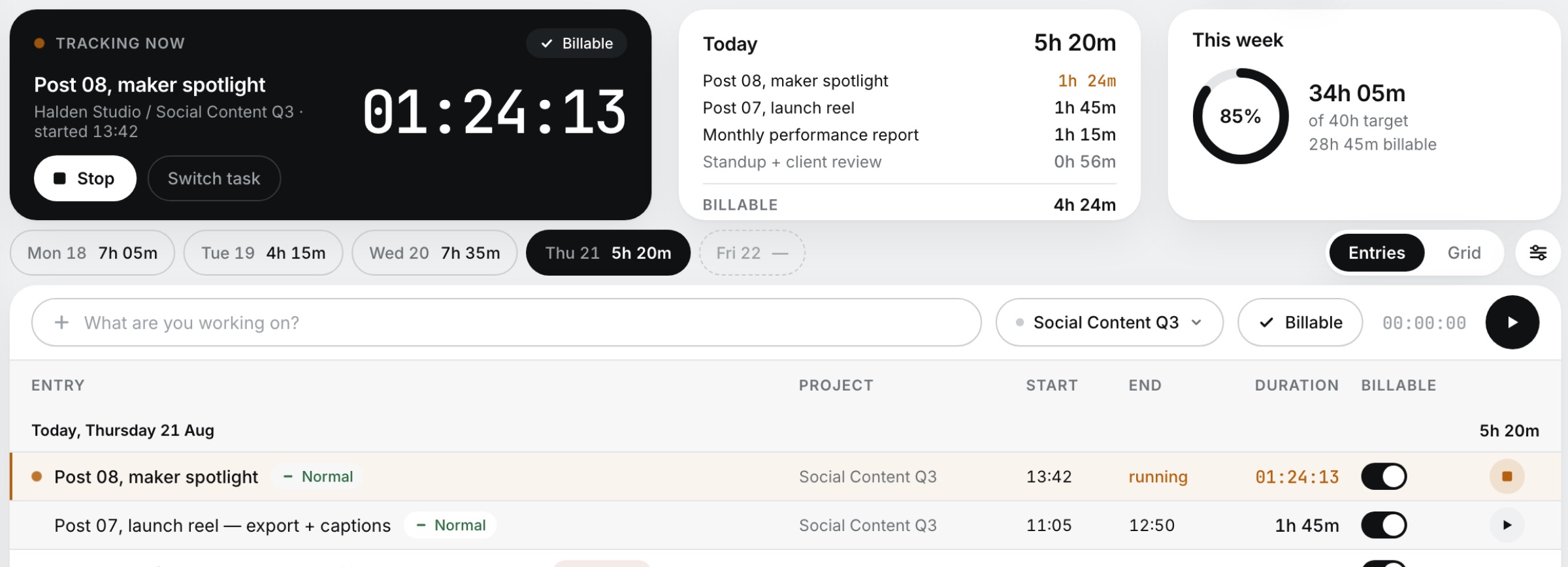 Running timer card above the day’s entries