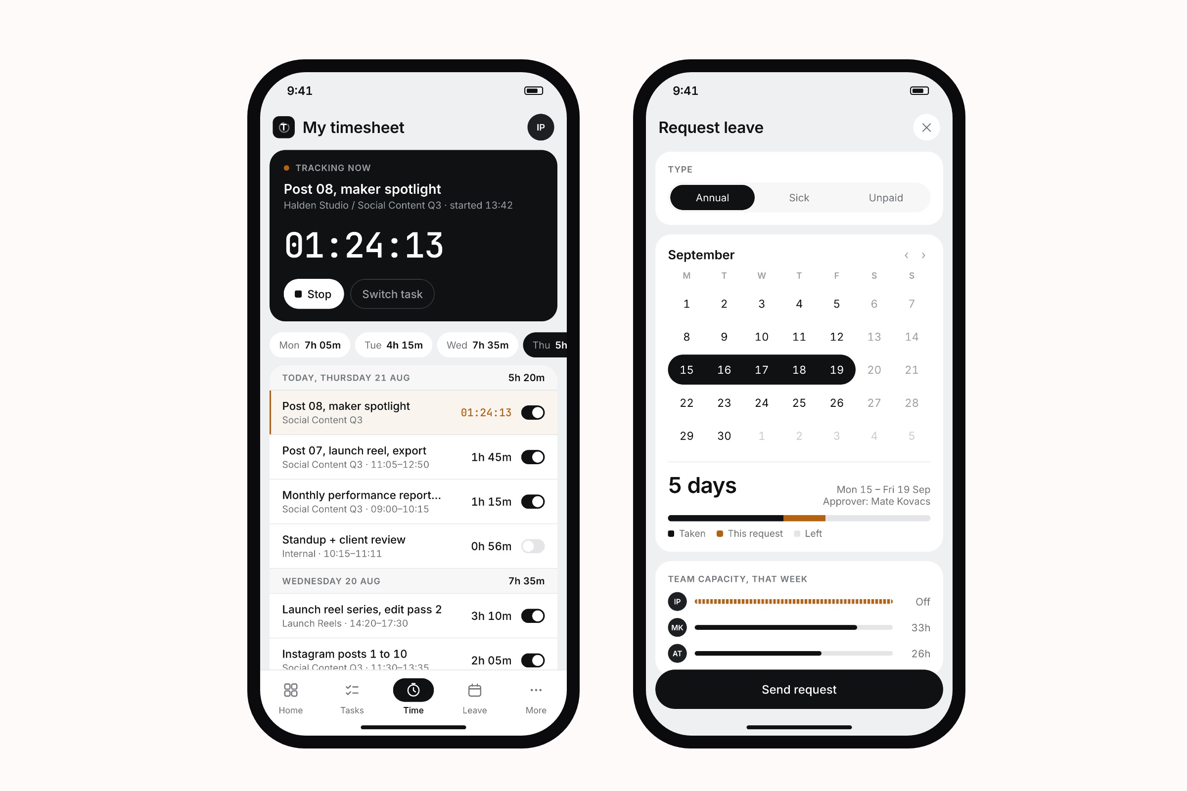 Mobile timesheet and leave request on two phones