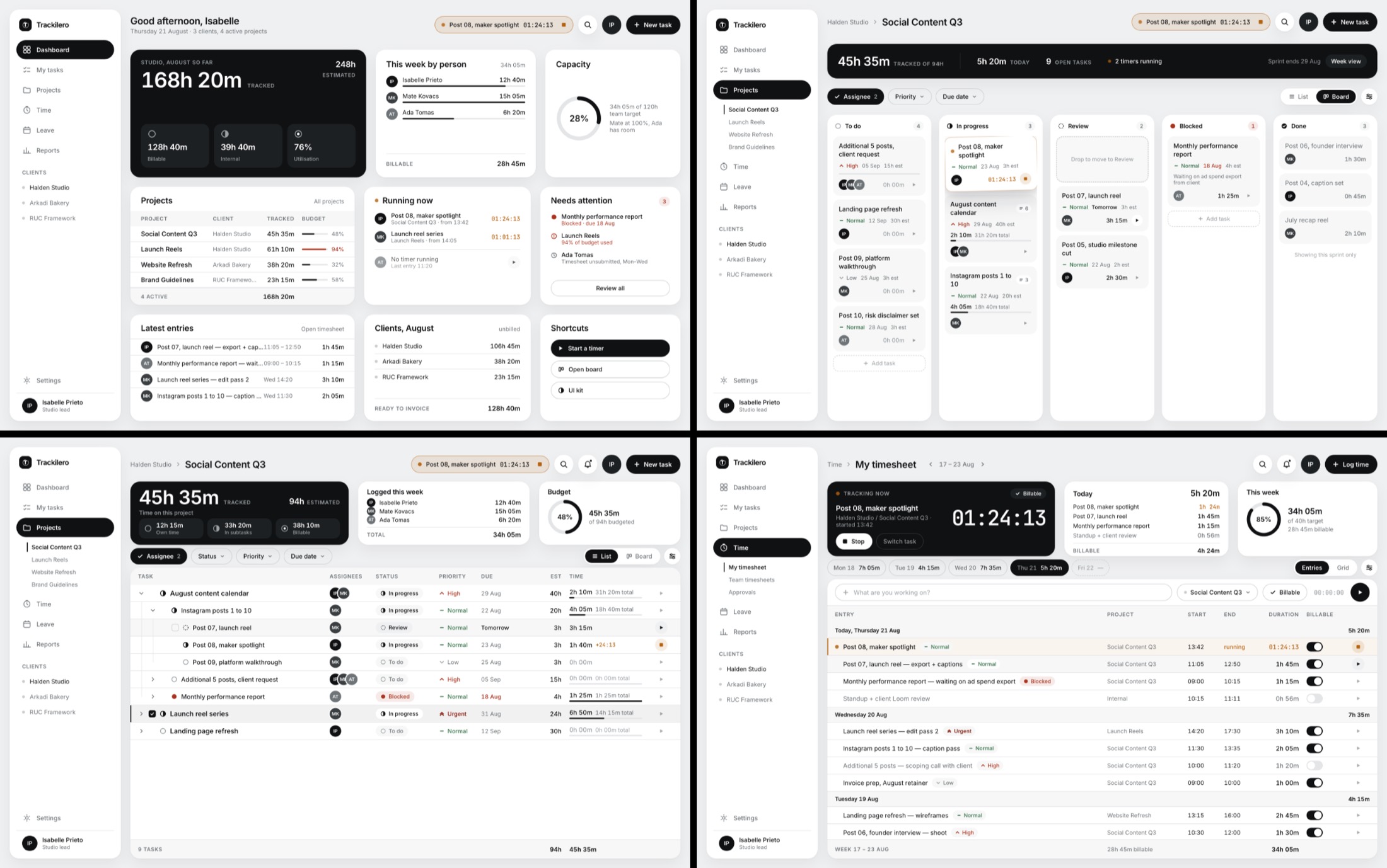 Dashboard, board, task list and timesheet