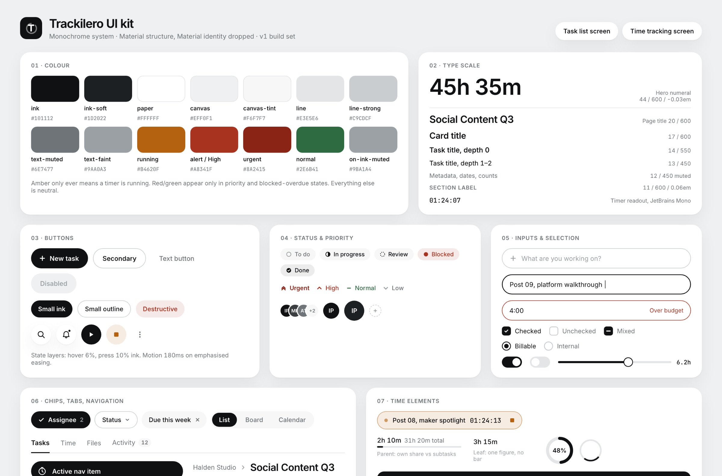 Trackilero UI kit: palette, type scale, buttons and status marks
